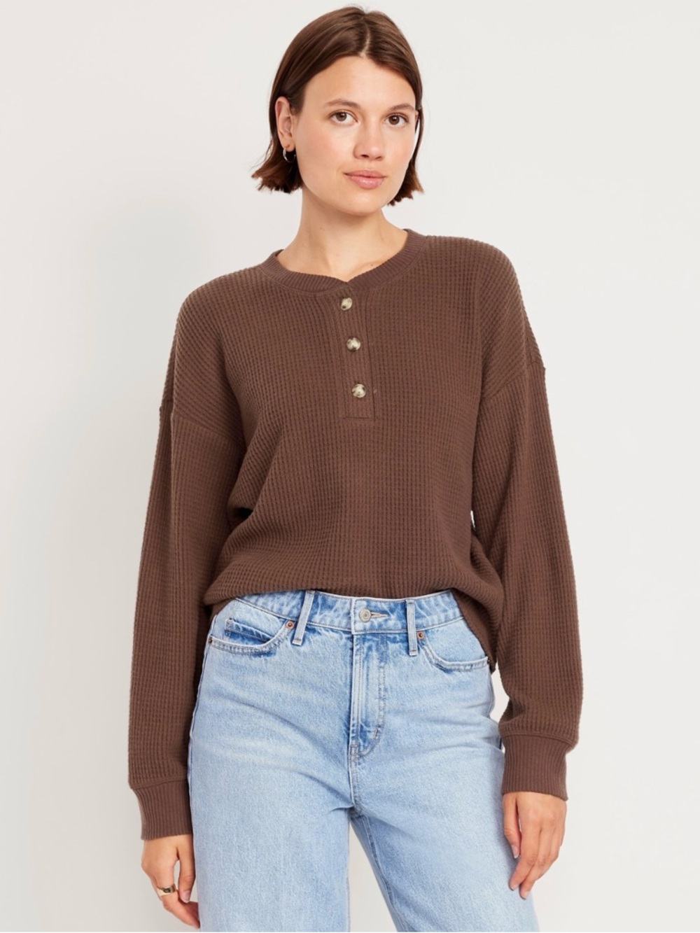 Oversized Cozy Waffle Henley Top - Brand: Old Navy